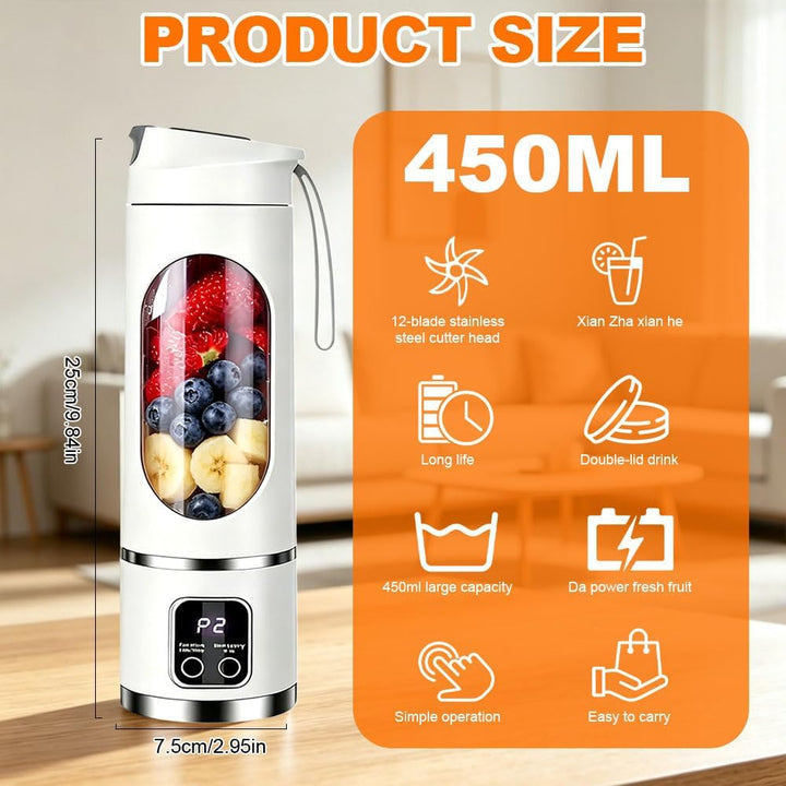 Tragbarer Mixer Smoothie Maker To Go, 450ML, LED Display | Portable Blender mit 12 Klingen für Shake