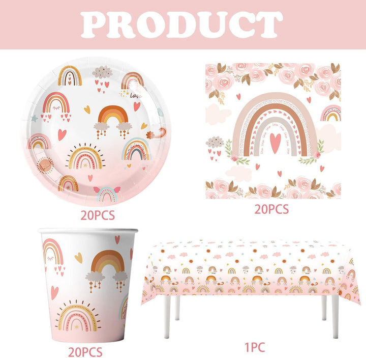 Bohemian Rainbow Partygeschirr Set,Doyomtoy Serve 20 Gäste Geburtstag Partygeschirr,Tischdecken,Tell