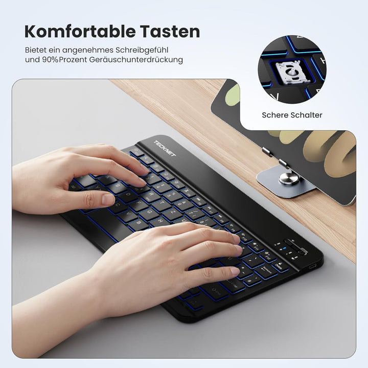 TECKNET Deutsche Bluetooth Tastatur für Tablet/iPad Mini/Pro/Air/10.2/10.9/iPhone/Android/Windows, i