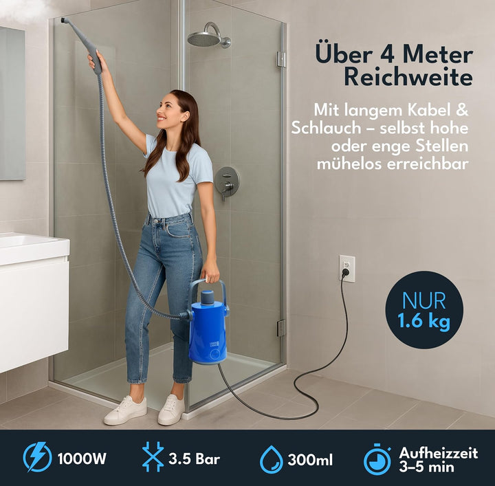 LEBENLANG Dampfreiniger Handgerät Steam Cleaner - 1000W & 300ml mit 9 Zubehör | Polsterreiniger Gerä