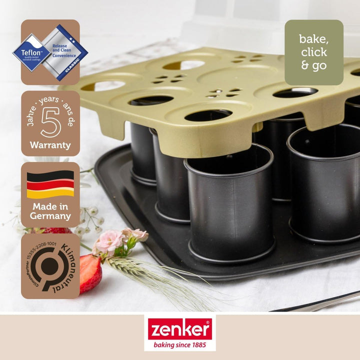 Zenker Bake, Click & Go 9er Törtchenblech – 29 x 29 x 7 cm – Backform mit separat erhältlichem Decke
