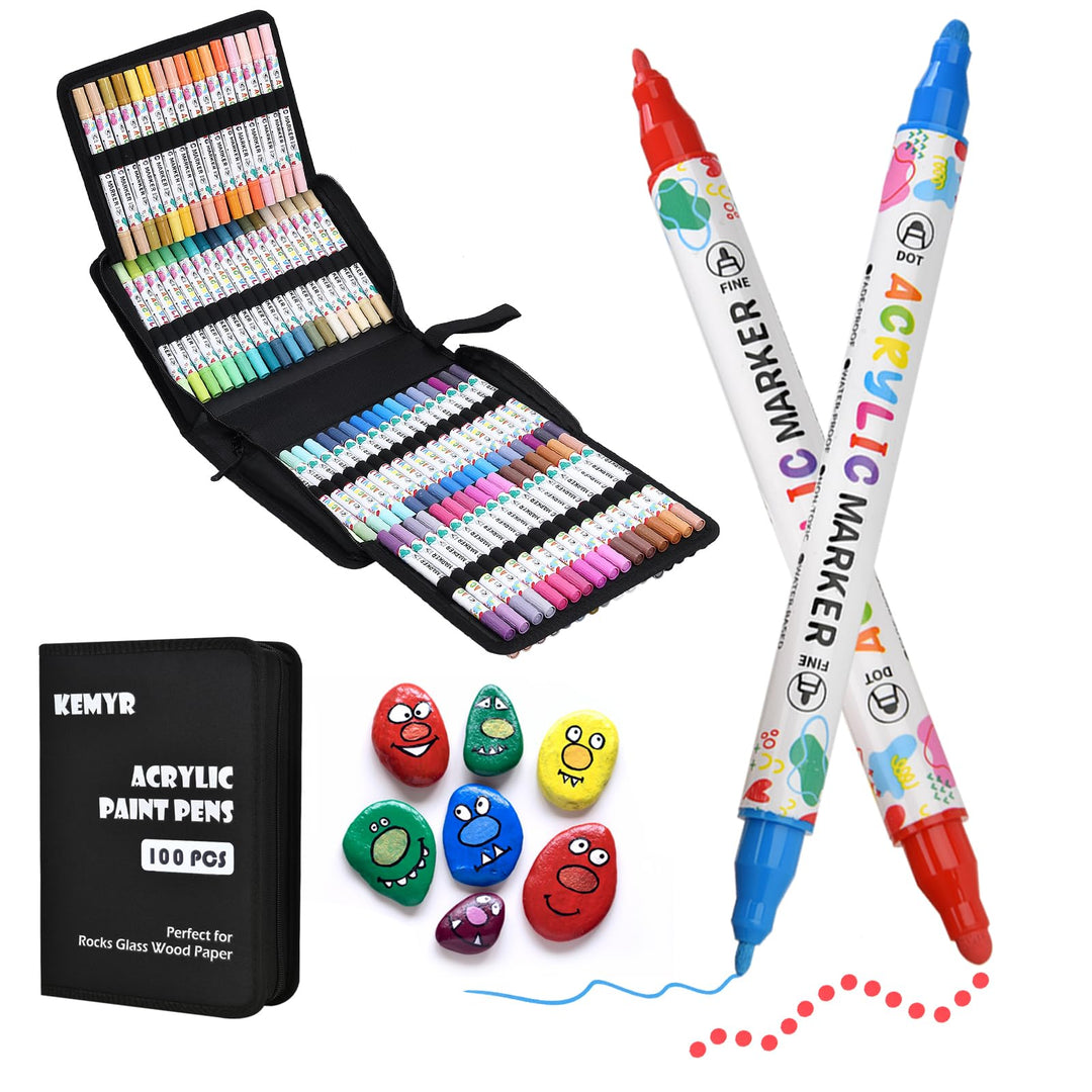 KEMYR 100 Farben Acrylstifte Set mit Doppelspitze, Acrylmarker Wasserfeste für Steine, Holz, Glas &amp;