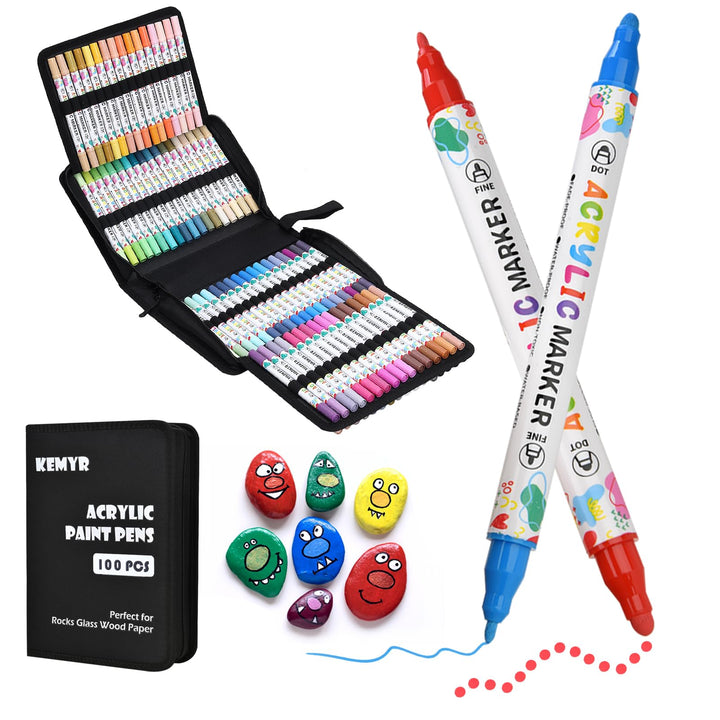KEMYR 100 Farben Acrylstifte Set mit Doppelspitze, Acrylmarker Wasserfeste für Steine, Holz, Glas &amp;