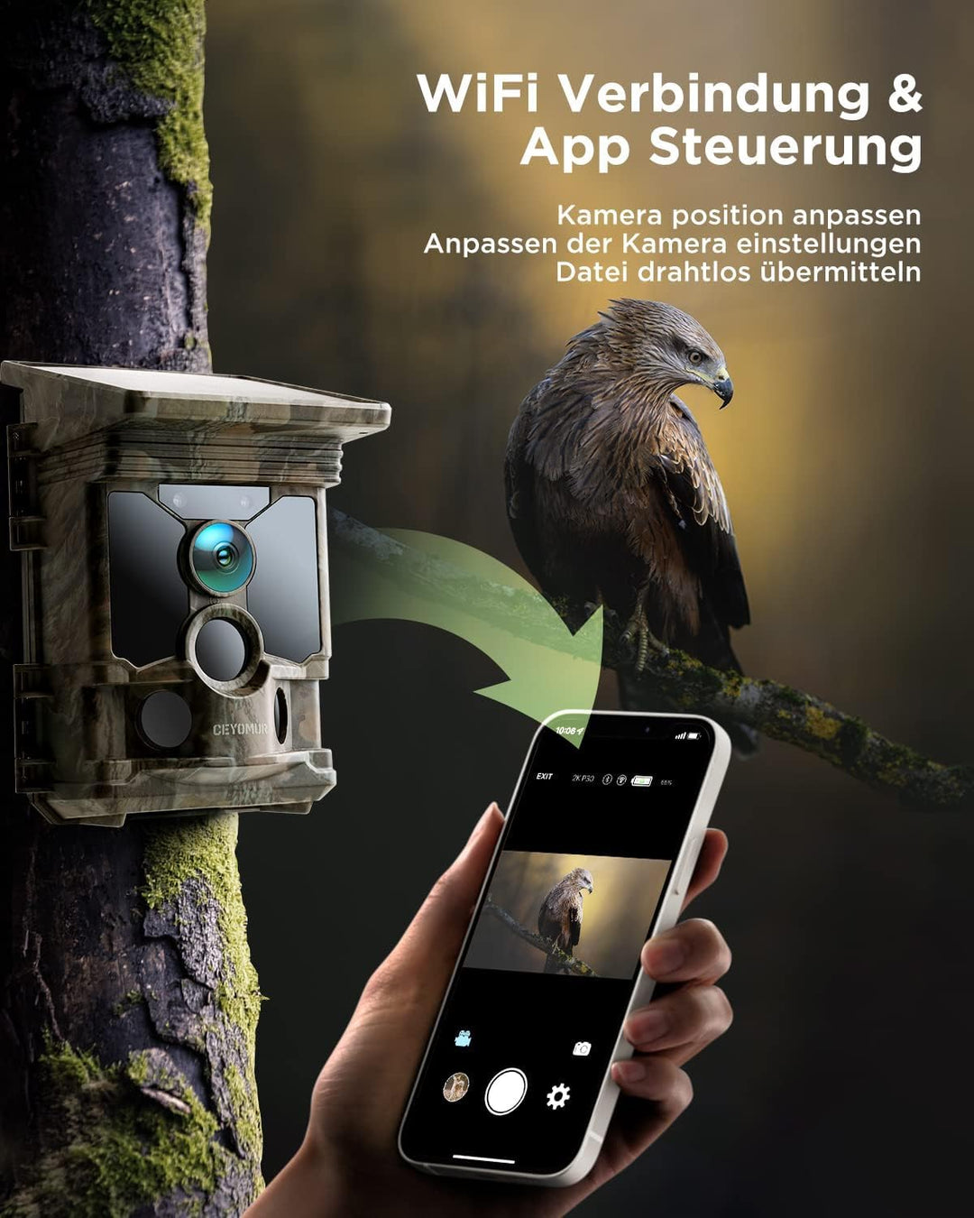 CEYOMUR Solar Wildkamera mit Handyübertragung App, 4K 68MP UHD Wildkamera WLAN mit 5200mAh Akku, Wil