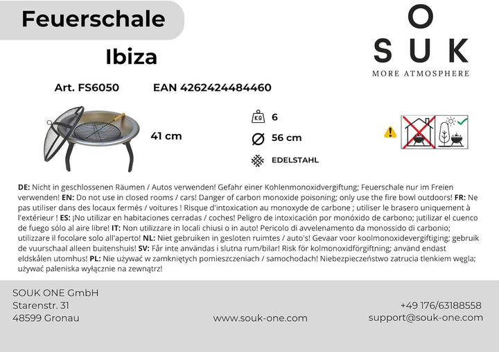 SOUK ONE Feuerschale Ibiza Edelstahl, Feuerschale Ø 56 cm - Feuerstelle für den Garten, Funkenschutz