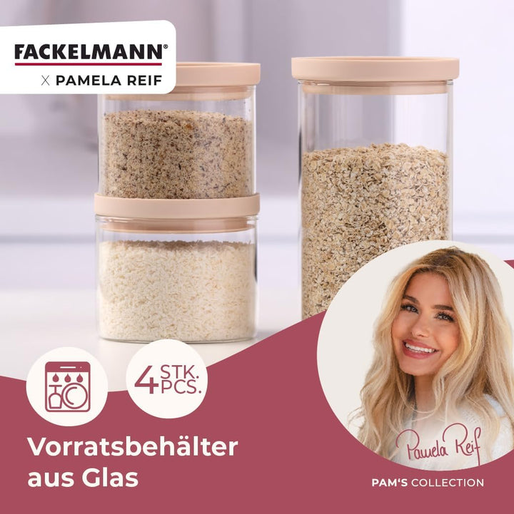 FACKELMANN x Pamela Reif Vorratsbehälter aus Glas mit Silikondichtung – 4 Stück in pastell-beige, 50