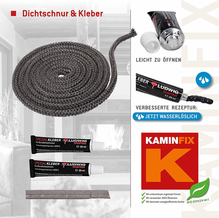 Ofendichtschnur inkl. Kleber, Kaminreparaturset in der Grösse: 10mm Glasgewebe 10mm