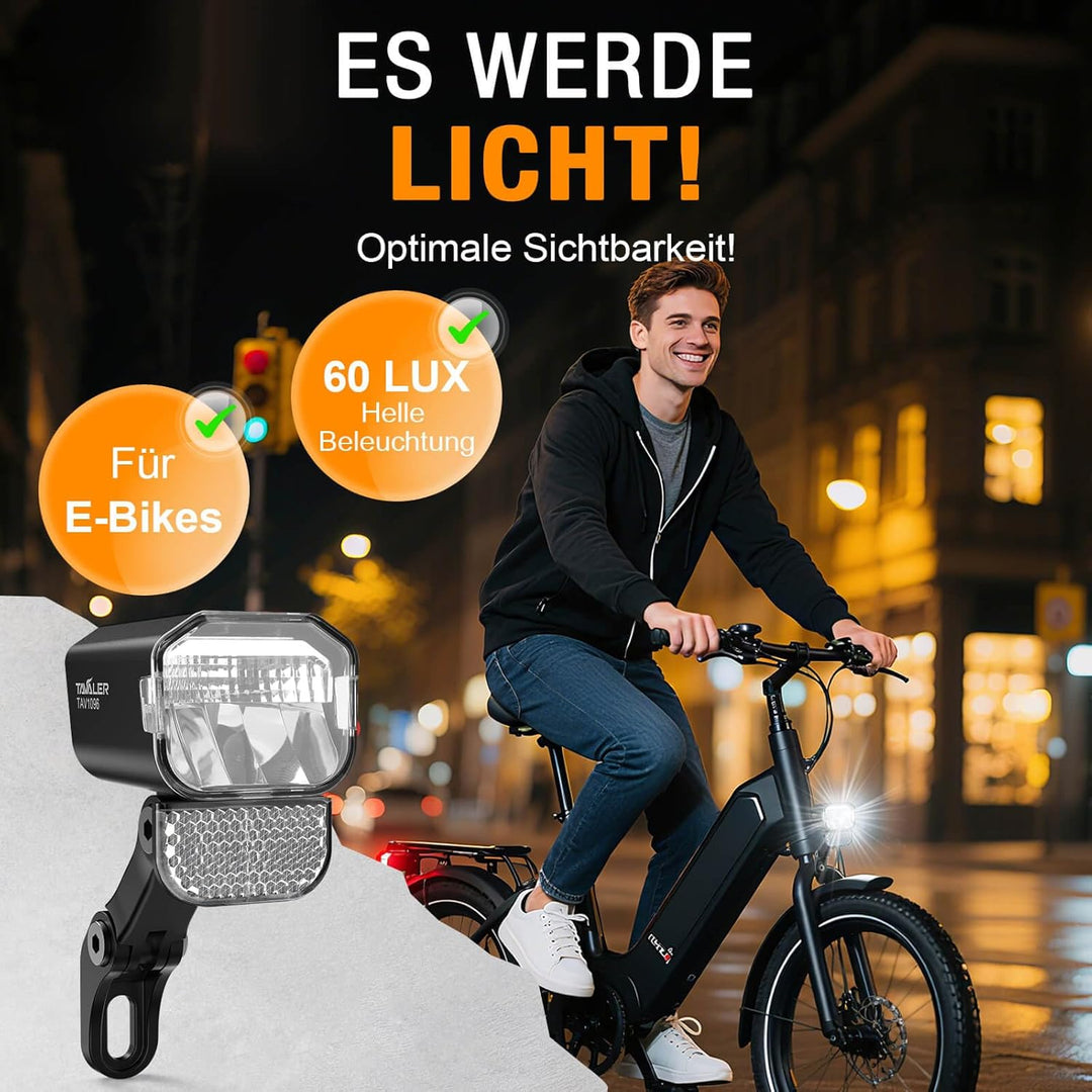 Tavaler E-Bike Licht Vorne 60 LUX | Ebike Lampe mit Reflektor und StVZO Zulassung | LED E-Bike Schei
