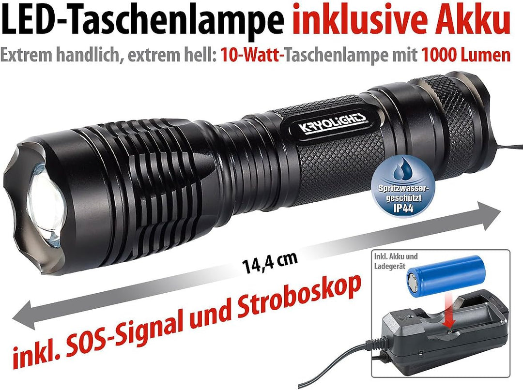 KryoLights aufladbare Taschenlampe: LED-Taschenlampe TRC-144.a mit Akku und Ladegerät, 1.000 lm, IP4