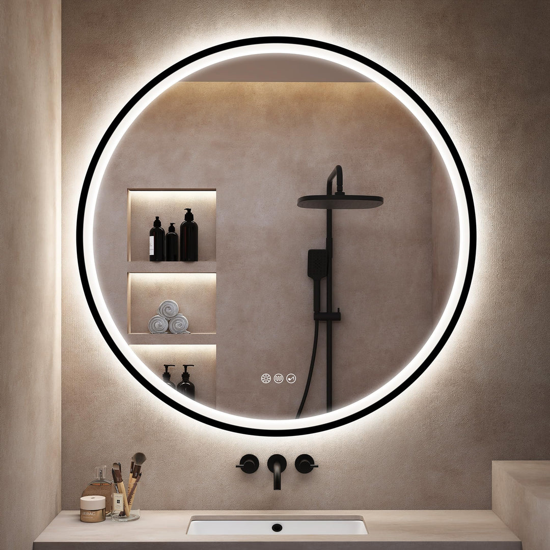 S'bagno Badspiegel-mit-Beleuchtung 80CM, LED-Badspiegel-Rund mit Bluetooth, Anti-Fog, 3 Lichtfarben,