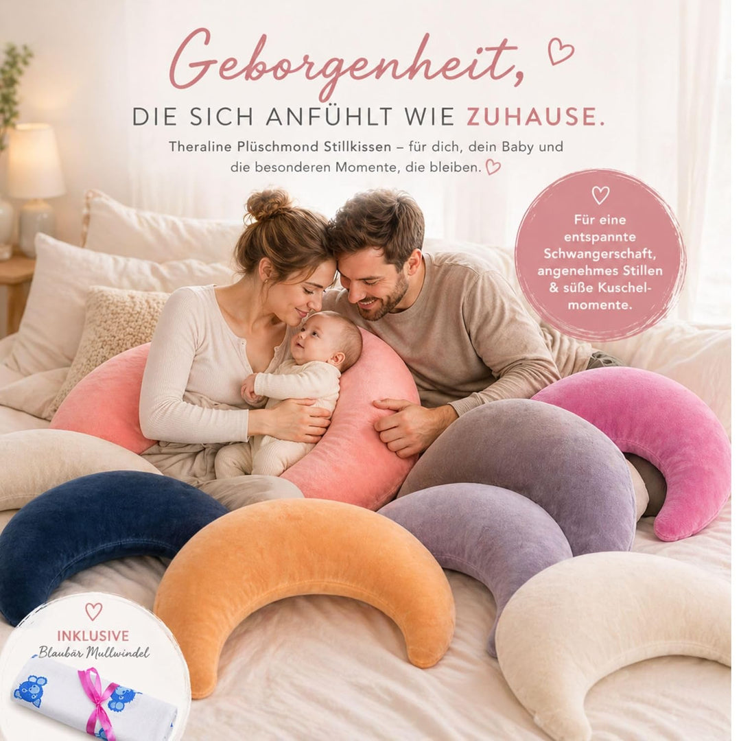 Set Theraline Plüschmond Stillkissen, Bauchstützkissen &amp; Spucktuch Blaubär | Schmusekissen und Lesek
