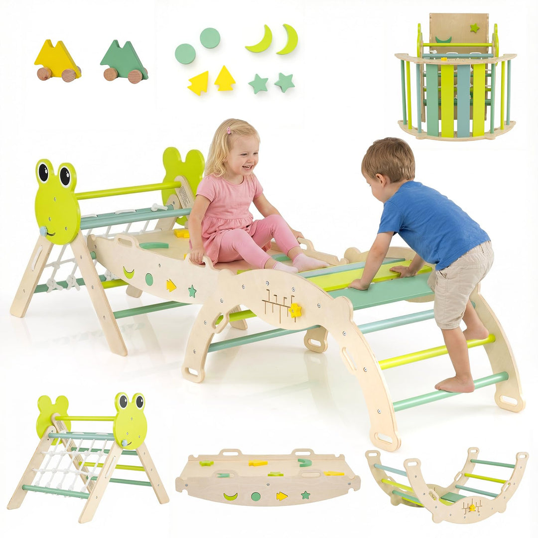 COSTWAY Klettergerüst Indoor 3er Set, klappabres Kletterdreieck mit Rutsche, Kletterbogen, Netz, ink