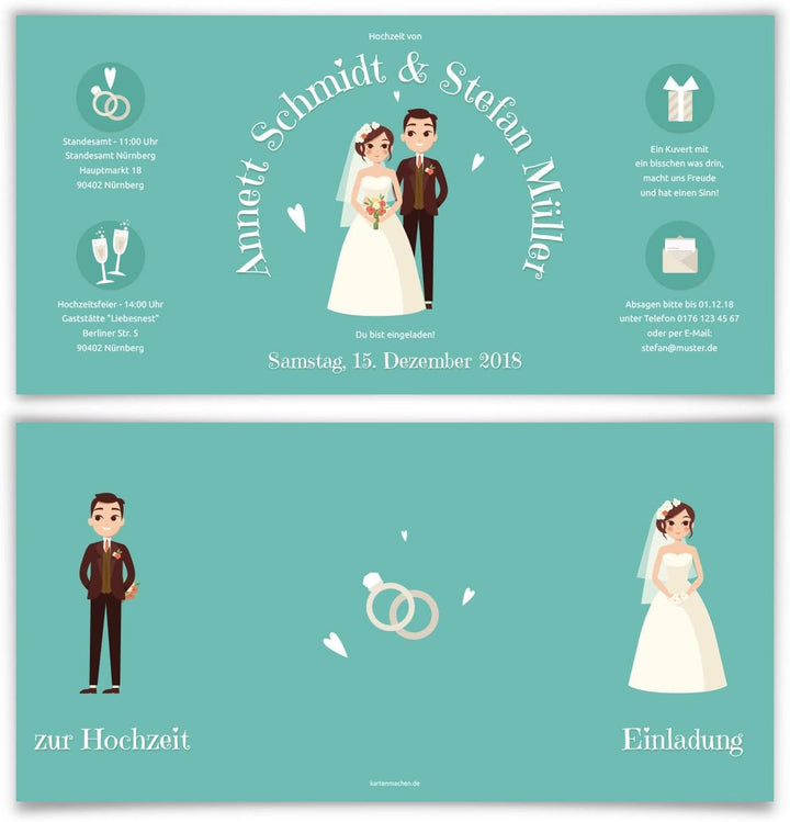 100 x Hochzeitseinladungen Hochzeit Einladungskarten individuell Klappkarten - Altar Brautpaar, 100