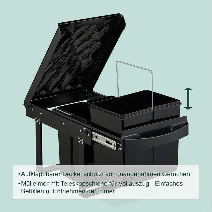 Relaxdays Einbaumülleimer, 4 Fächer, 4X 8 l, HxBxT: 34,6 x 34 x 51,8 cm, ausziehbar, Müllsystem Unte