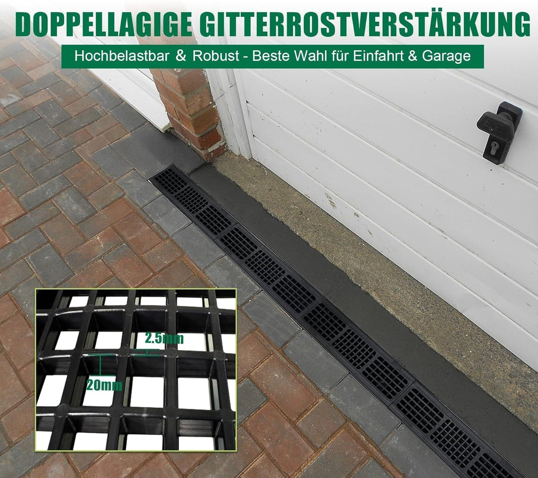 3m Entwässerungsrinne mit B125 HDPE-Abdeckrost - 1000 x 155 x 140 mm - Bodenrinne Ablaufrinne für Ga