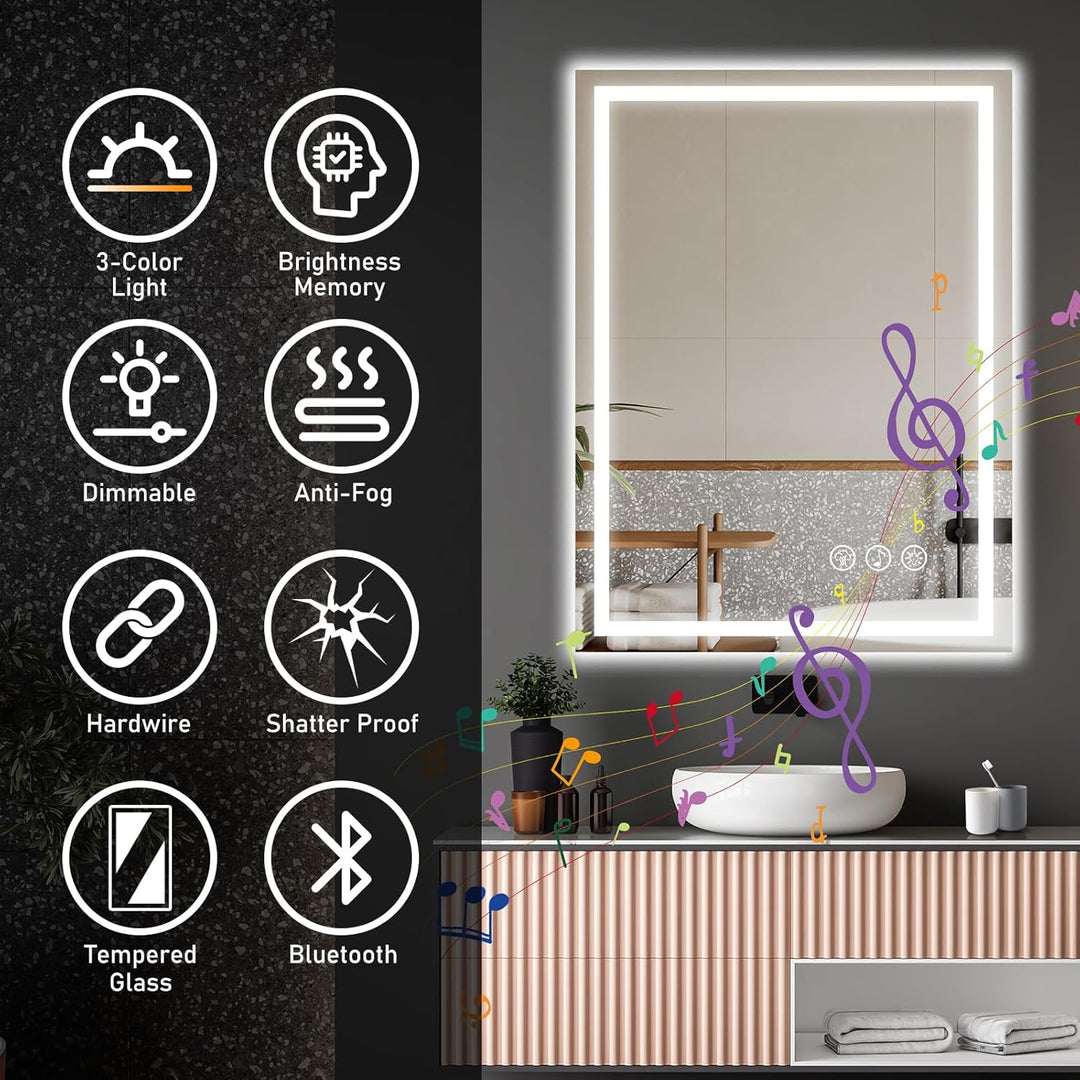 Ratsamee Badspiegel mit Beleuchtung LED, 60x80cm Bluetooth Spiegel mit Light, Wandspiegel mit Frontb