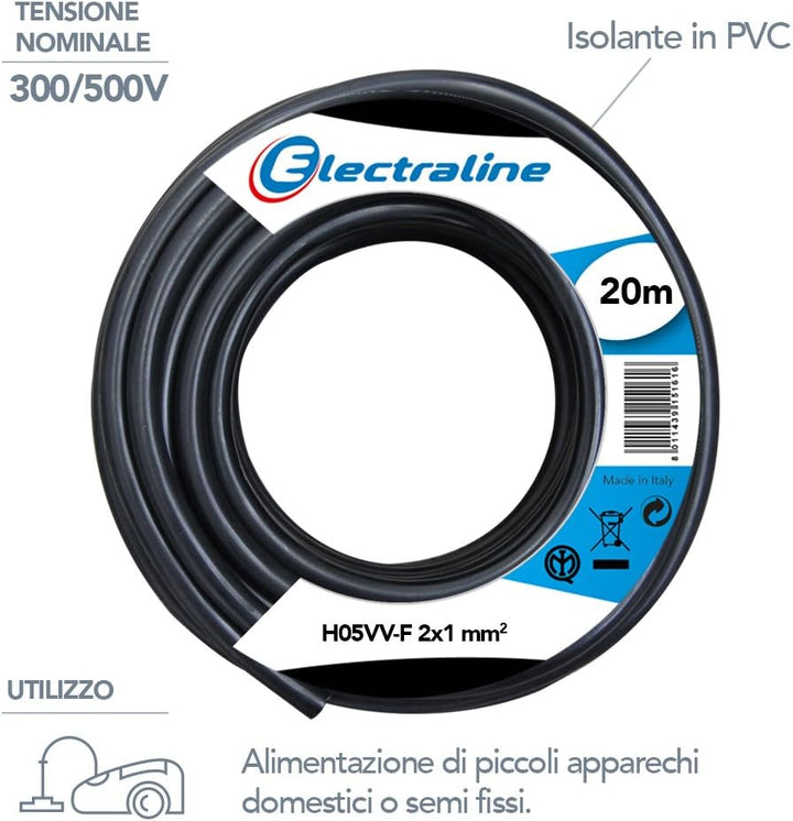 Kabel H05VV-F - 2x1 mm. - 20 mt - Schwarz