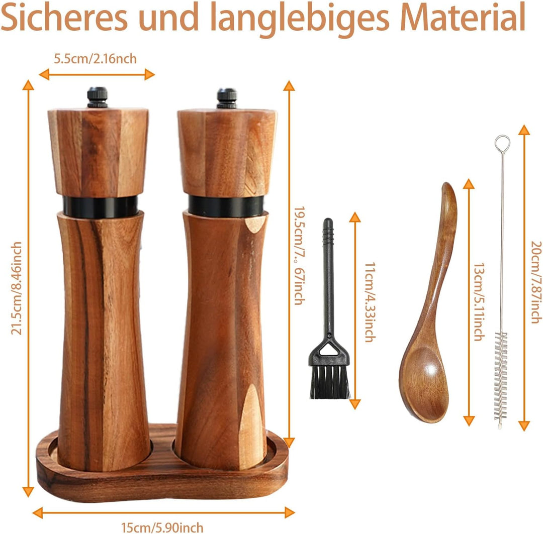Salz und Pfeffermühle Holz Set – 2er Gewürzmühle mit Keramikmahlwerk & Untersetzer, Manuelle Pfeffer