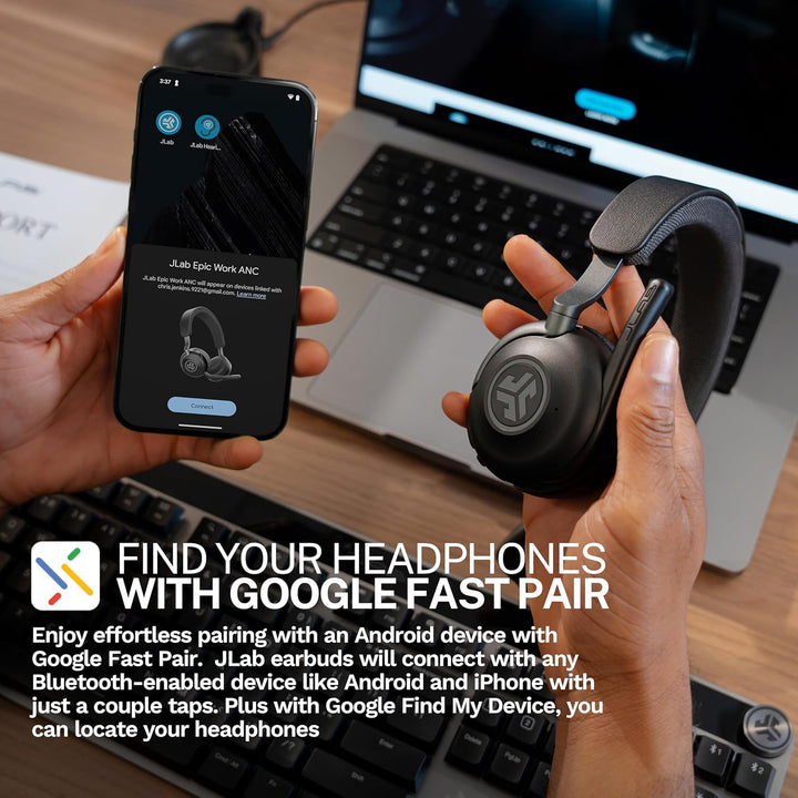 JLab Epic Work ANC Headset mit Mikrofon Bluetooth, Smart Active Noise Cancellation, 90+ Std. Akku, W