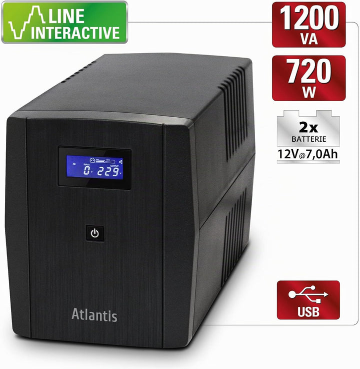 Atlantis OnePower 1200, USV Line Interactive 1200VA/700W, AVR, PseudoSinuswelle, 3 IEC-Steckdosen +