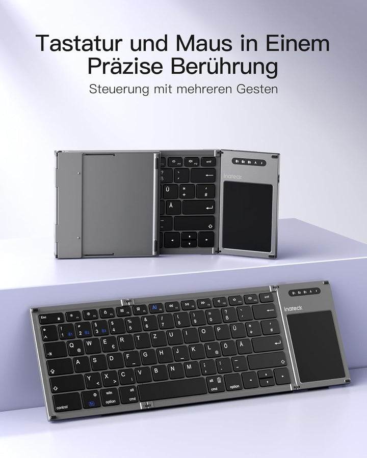 Inateck Faltbare Tastatur, KI-Tastatur mit Touchpad, Bluetooth Wireless Mini-Tastatur, Pocket-Tastat
