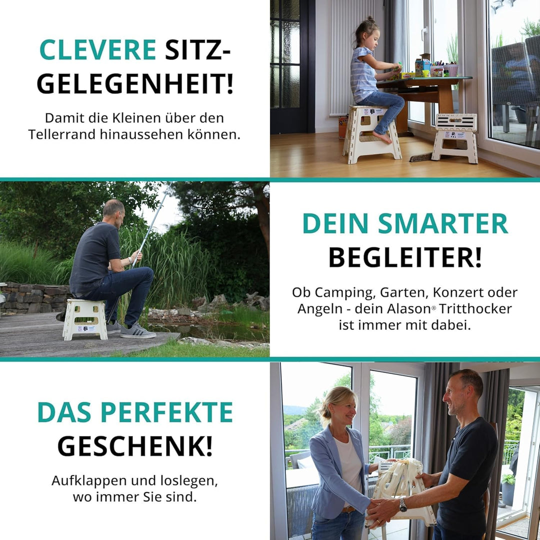 VERGLEICHSSIEGER - Alason Tritthocker Klappbar 22 cm, Belastbar bis 150 kg – Mit Aufhängehaken &amp; Auf