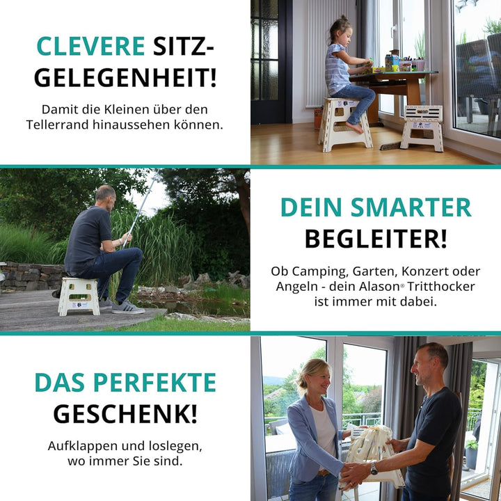 VERGLEICHSSIEGER - Alason Tritthocker Klappbar 22 cm, Belastbar bis 150 kg – Mit Aufhängehaken &amp; Auf