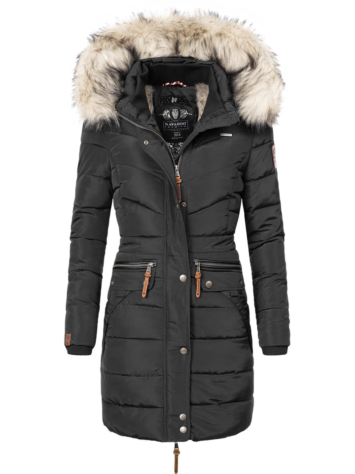 Navahoo Damen Wintermantel Warmer Steppmantel lang mit Abnehmbarer Kunstfell-Kapuze Paula XS-5XL, Sc