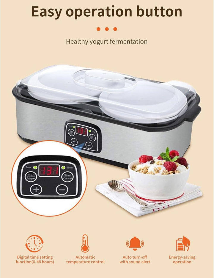 Joghurtbereiter mit Timer, 2 l digitale Joghurtmaschine mit 2 Gläsern und LCD-Display, 0–48 Stunden
