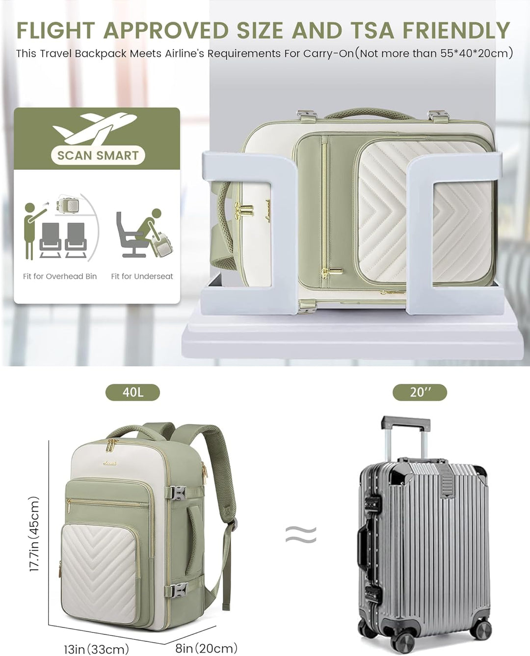 LOVEVOOK Reiserucksack Handgepäck Flugzeug, 40L Rucksack Damen Gross, Wasserdicht Laptop Rucksack 17