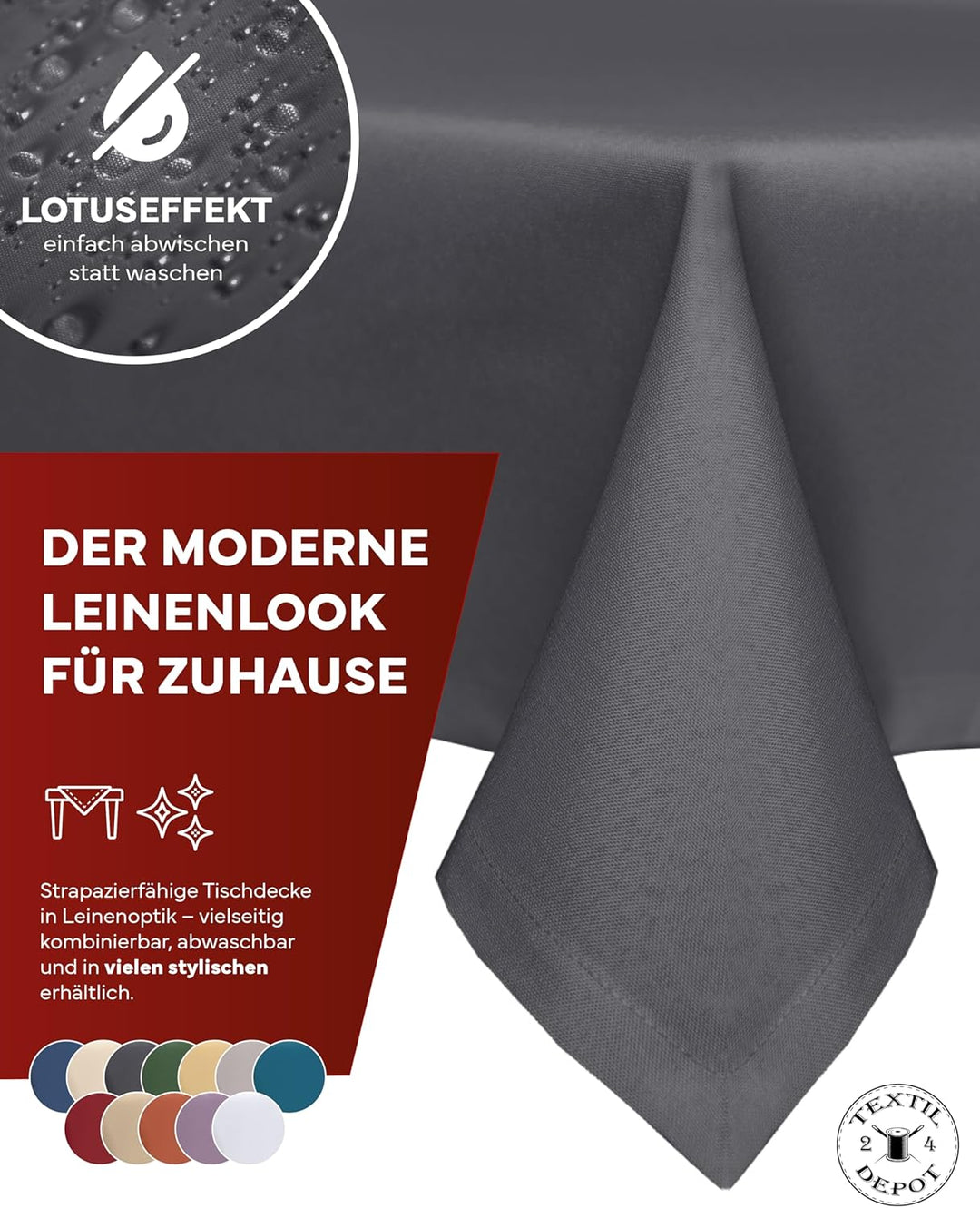 texpot Gartentischdecke 220 cm rund in Dunkelgrau mit Leinen Optik Lotuseffekt Fleckschutz Bügelfrei