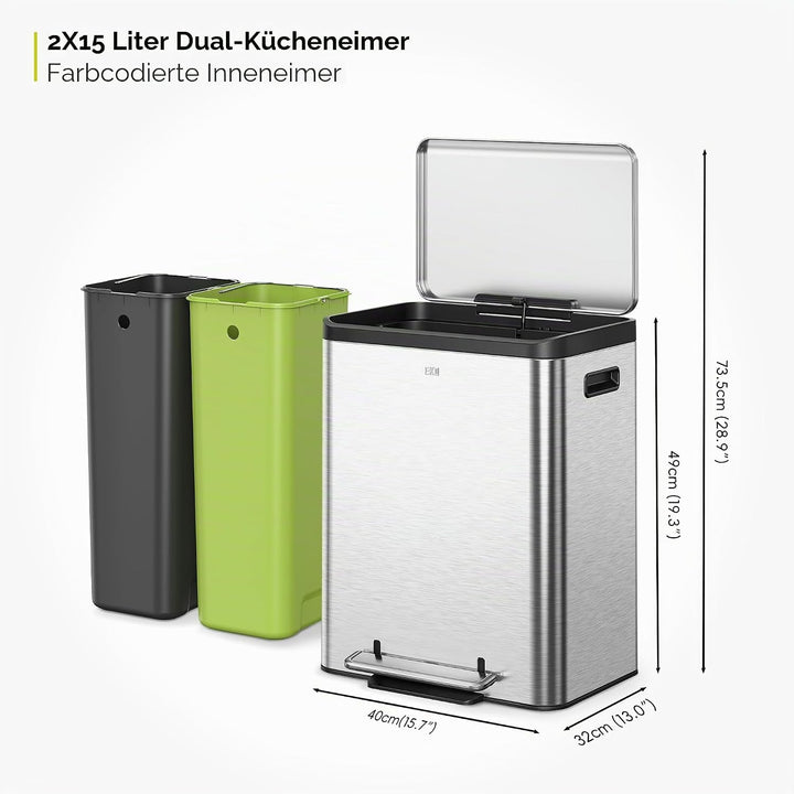EKO Ecocasa Mülltrennsystem, Rostfreier Stahl, Silber/Schwarz/Grün, 15L 15L+15L, 15L+15L