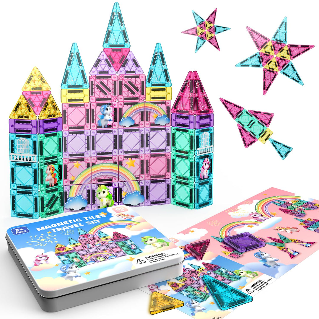Magnetische Bausteine 60 Teile, Einhorn Magnetspielzeug, Montessori Reiseset Spielzeug Tragbare STEM