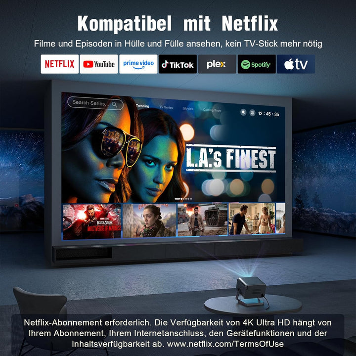Smart Beamer【Netflix vorinstalliert & Dolby Audio】 VOPLLS Autofokus/Trapezkorrektur 40000 Lumen Beam