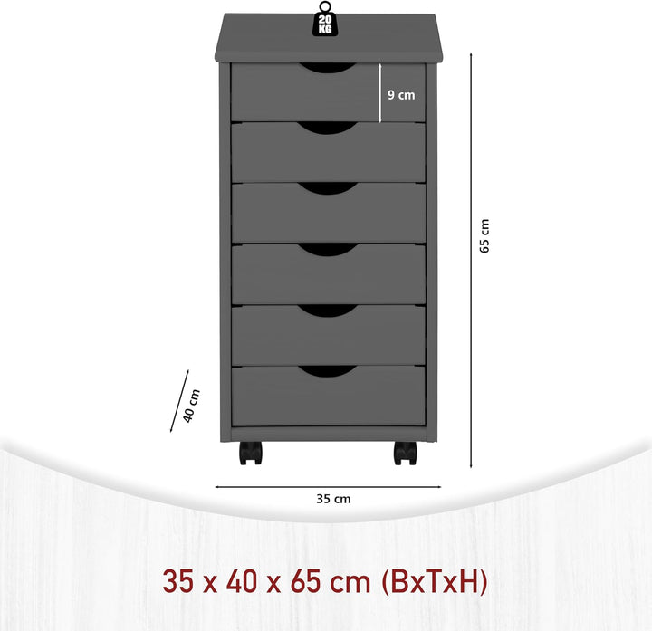 Inter Link Rollcontainer mit 6 Schubladen – Bürocontainer auf Rollen – Massivholz Kiefer Grau lackie