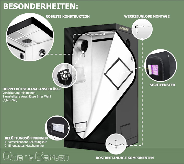 Oma's Garten Grow-Zelt, 80 x 180 cm, Schwarz, Mylar, Indoor-Grow-Tent 80x80x180, 80x80x180