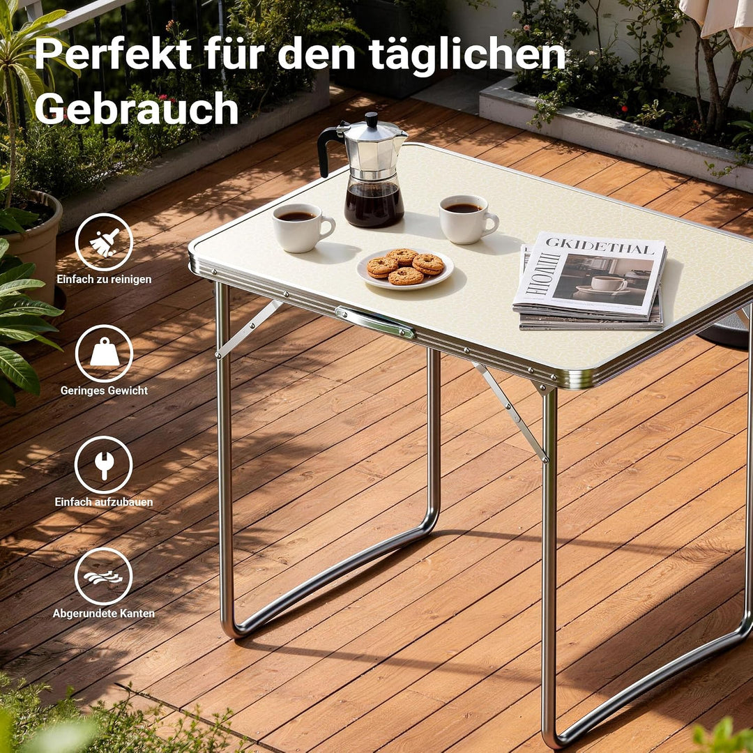 Wiltec Campingtisch klappbar 80x60cm mit weisser Tischplatte aus MDF und Aluminium Rahmen Klapptisch