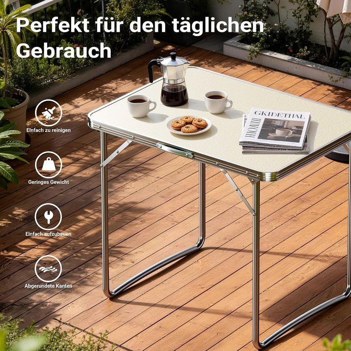 Wiltec Campingtisch klappbar 80x60cm mit weisser Tischplatte aus MDF und Aluminium Rahmen Klapptisch