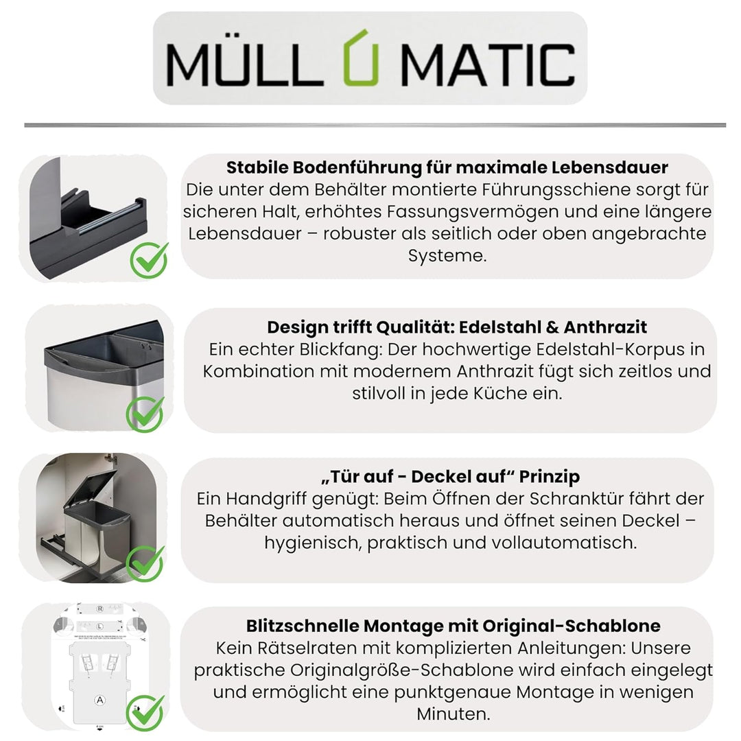 Ausziehbarer SMART Einbaumülleimer, Abfalleimer, Mülleimer „Müllomatic PRO 1“ mit automatischem Ausz