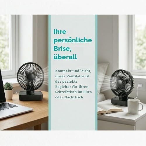 Tischventilator Leise Automatisch Oszillierend, 4000mAh Akku USB 5 Geschwindigkeiten LED-Digitalanze