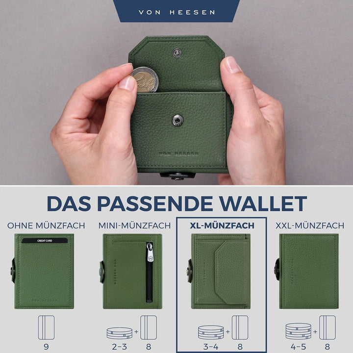 VON HEESEN Slim Wallet mit XL Münzfach Grün Grün XL MÜNZFACH (Kartenslot), Grün XL MÜNZFACH (Kartens