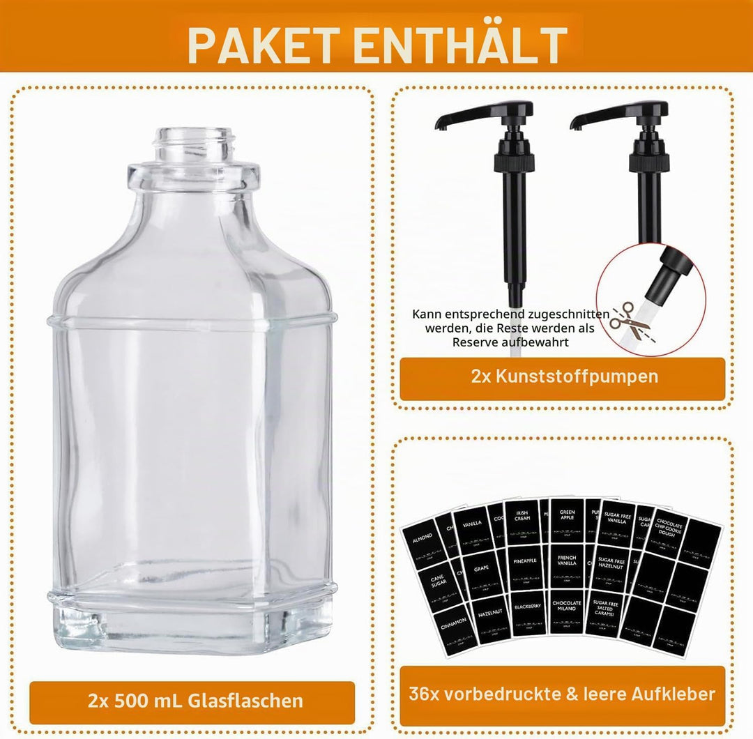 AXIM Kaffeesirupspender, Kaffeeset, 2 Sirupflaschen mit Pumpe und Etiketten, 500 ml Glas-Sirupflasch