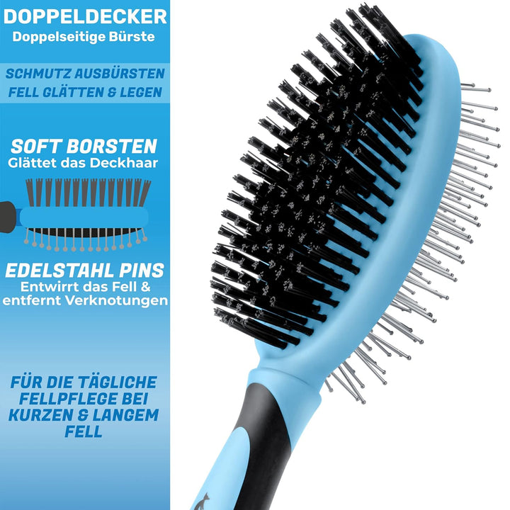 BluePet "DoppelDecker" 2in1 Hundebürste für Langhaar &amp; Kurzhaar - Auch für Welpen &amp; Katzen - Glätten