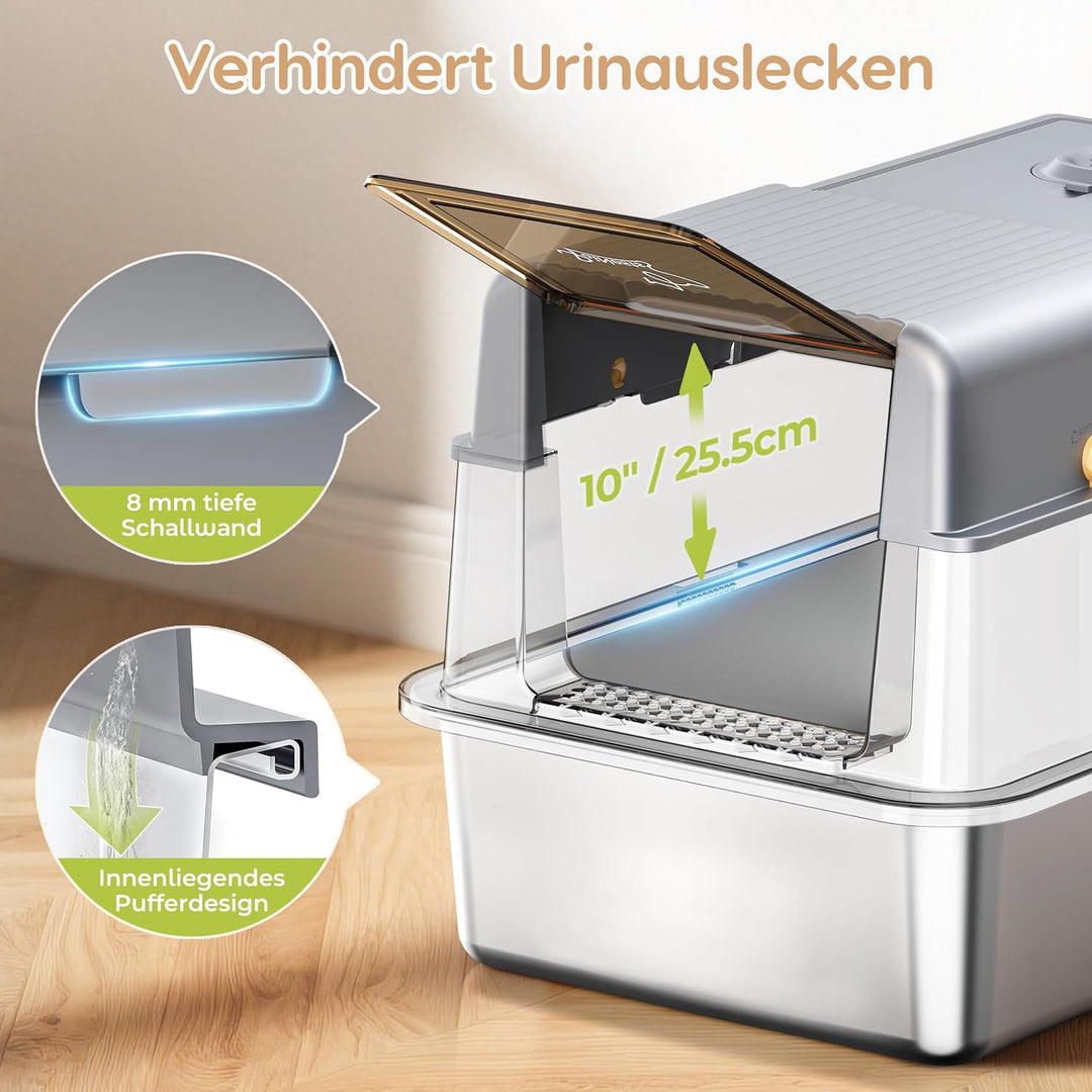 Edelstahl-Katzentoilette mit Deckel, XXL Katzenklo Edelstahl mit 105° -Klappe und Schaufel, 3-in-1 K