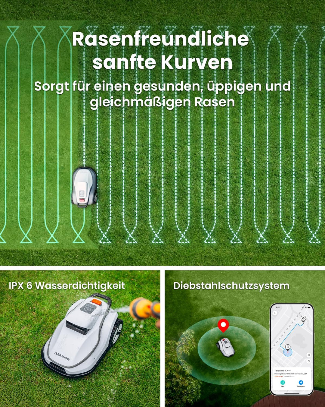 Terramow V1000 Mähroboter ohne Begrenzungskabel mit Garage, Tri-AI-Vision-Technologie ohne Draht-/RT