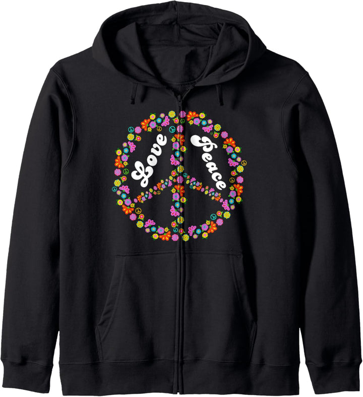 Liebe & Frieden Zeichen Retro 60s 70s bunte Hippie Blumen Kapuzenjacke