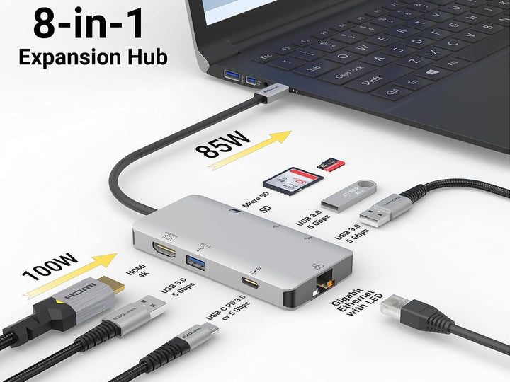 EZQuest USB-C Multimedia Hub Adapter 8 Anschlüsse (HDMI 4K 30Hz, 100W USB-C PD 3.0, Gigabit Ethernet