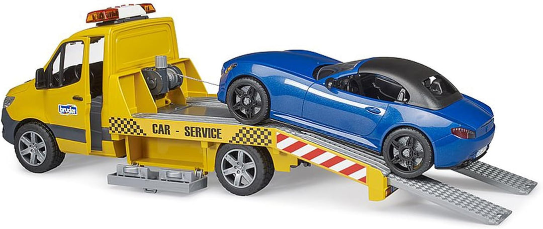 bruder 02675 - Mercedes-Benz Sprinter Autotransporter mit Licht & Sound Modul Roadster Sportwagen Ca