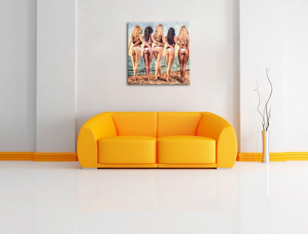 Pixxprint Fünf sexy Frauen am Strand Pinsel Effekt, Format: 70x70 auf Leinwand, 70x70
