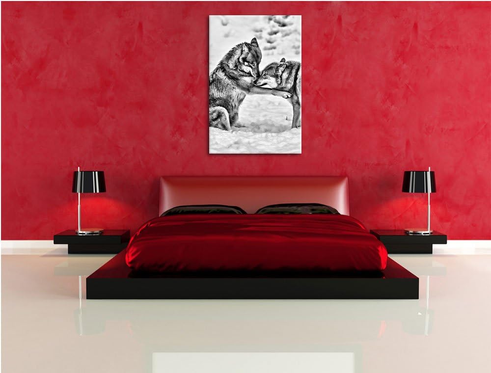 Pixxprint spielendes Wolfsrudel als Leinwandbild/Grösse: 100x70 / Wandbild/Kunstdruck/fertig bespann